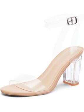 Women's Beige Clear Chunky Heels Sandals Open Toe Ankel Strap Block Heel Sandal